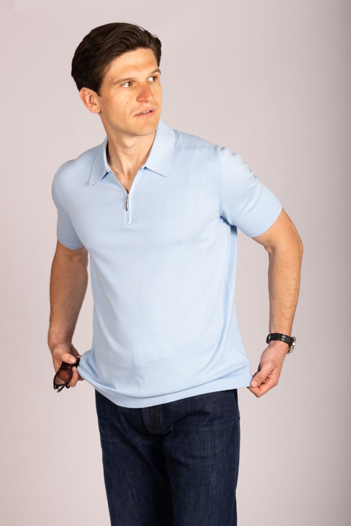 Sky blue zip knit polo – Featherstone London men’s polo shirts
