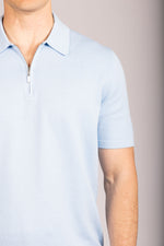 Sky blue zip knit polo – Featherstone London men’s polo shirts - Close Up