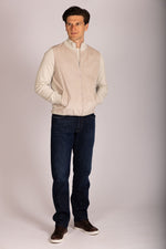 Beige Alcantara funnel neck zip-up – Featherstone London men’s outerwear - Full Body