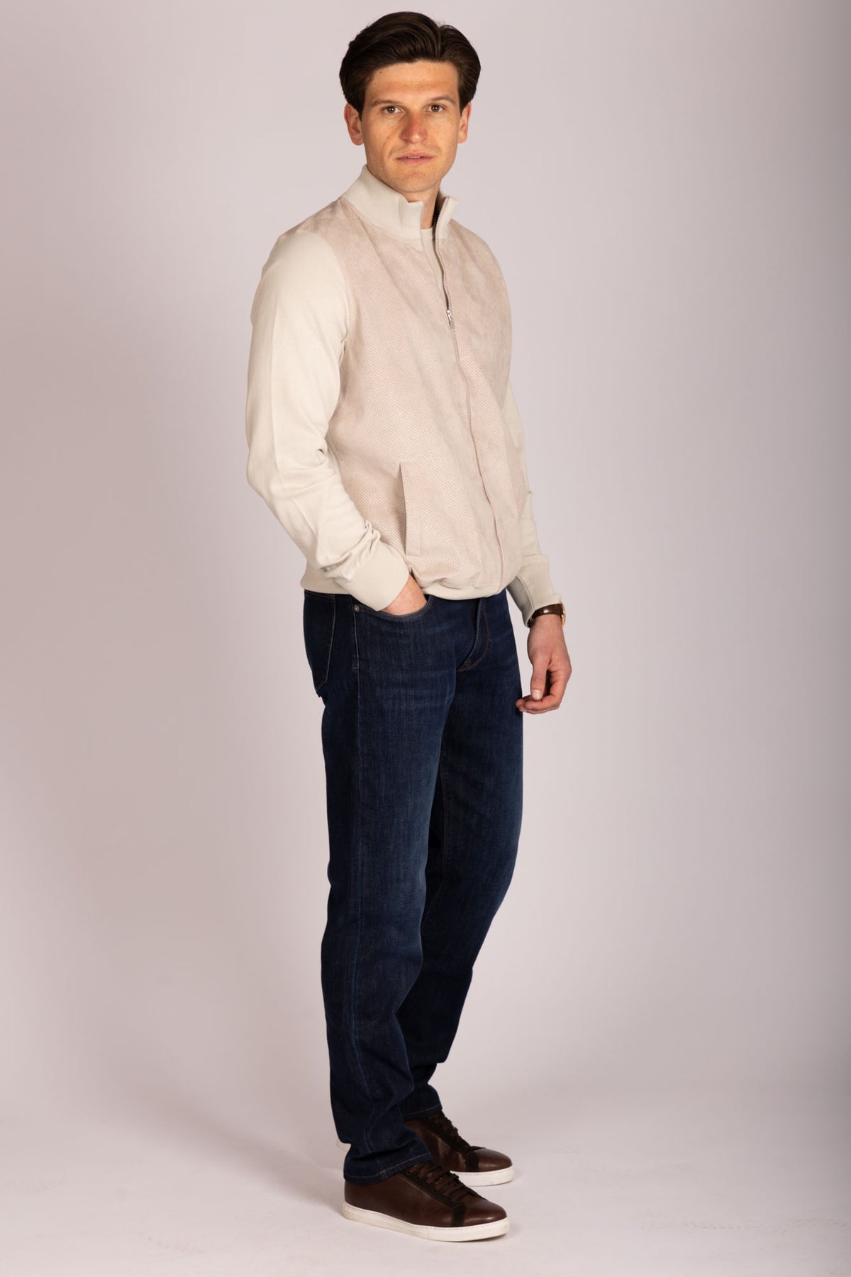 Beige Alcantara funnel neck zip-up – Featherstone London men’s outerwear - Side View