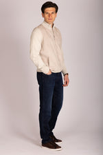 Beige Alcantara funnel neck zip-up – Featherstone London men’s outerwear - Side View