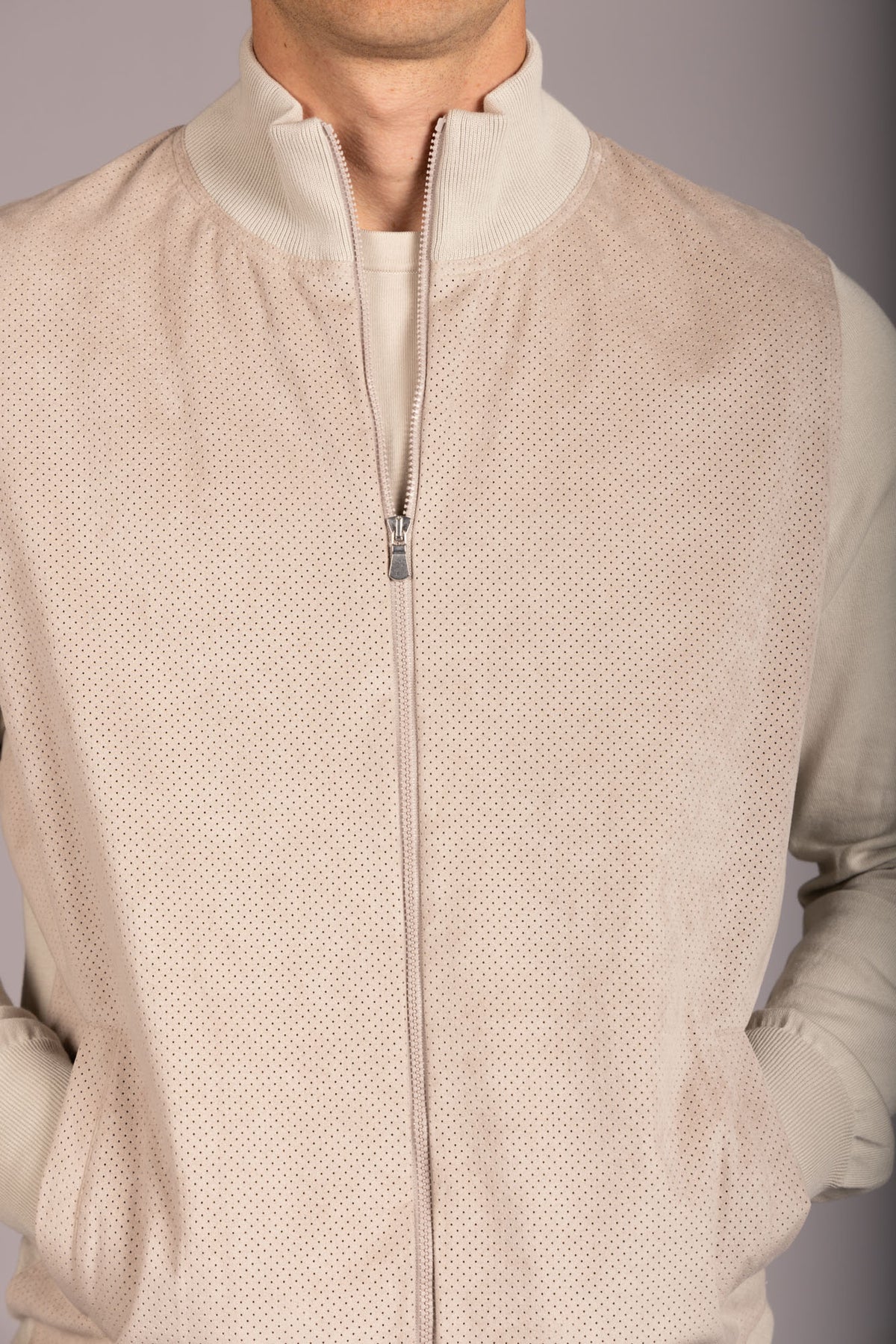 Beige Alcantara funnel neck zip-up – Featherstone London men’s outerwear - Close up