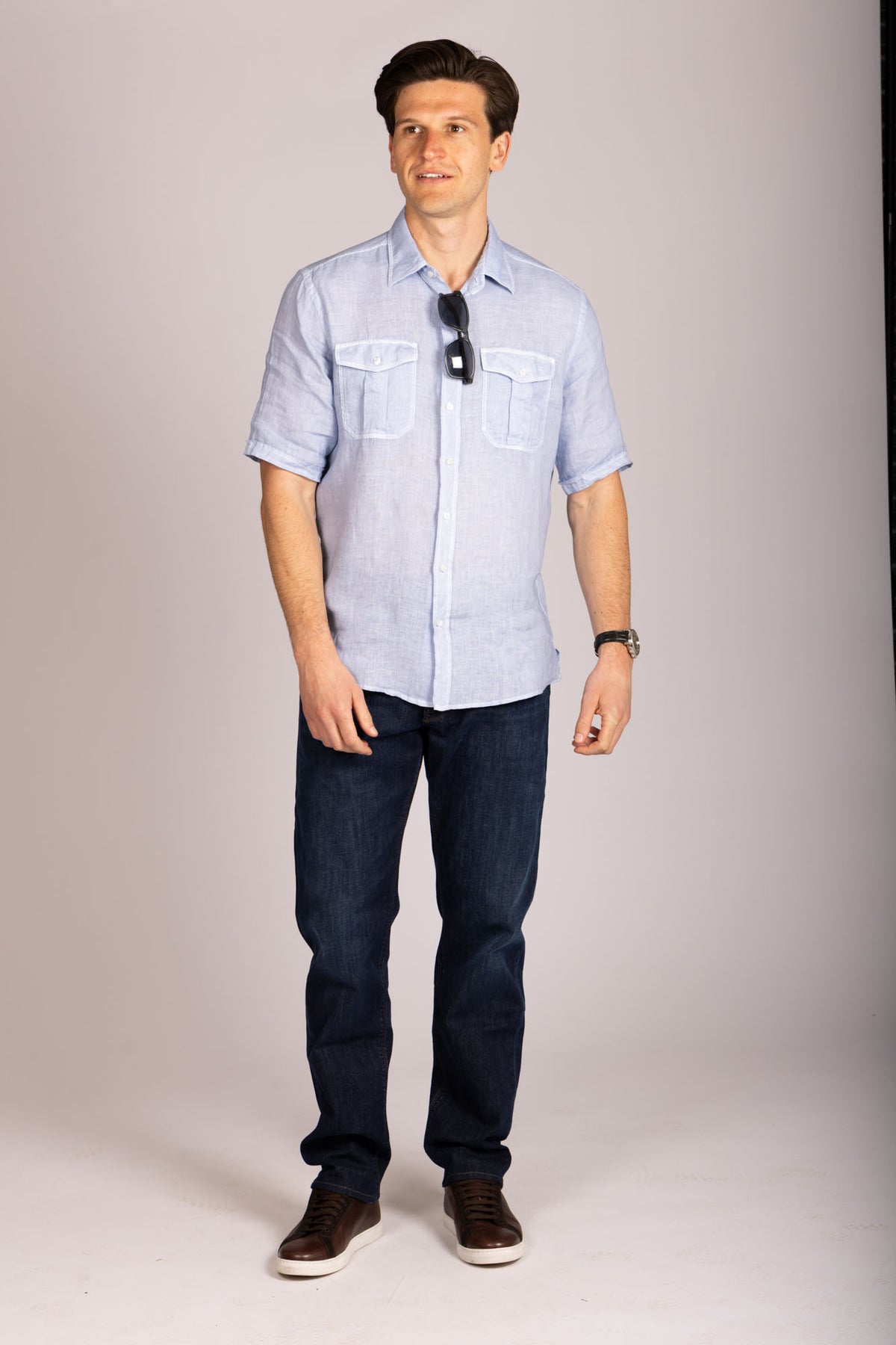 Featherstone London light blue linen short sleeve shirt - full body