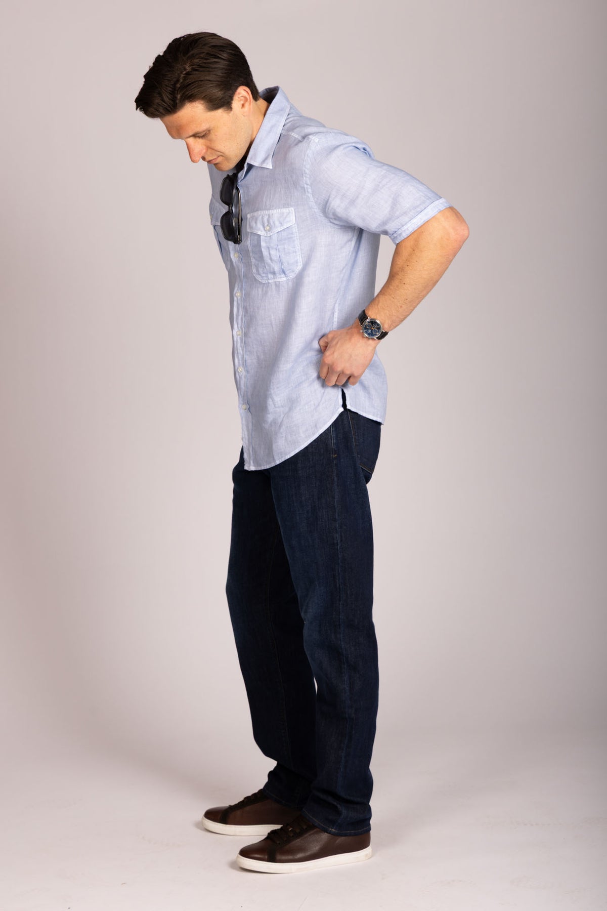 Featherstone London light blue linen short sleeve shirt - side view