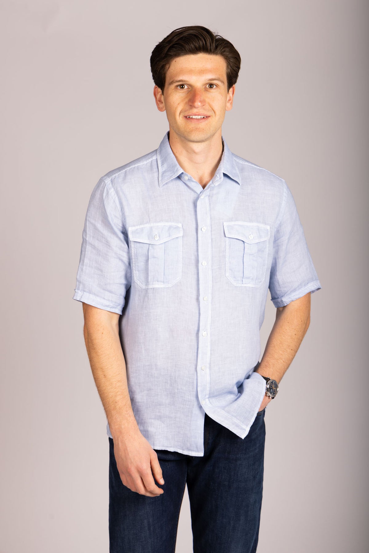 Featherstone London light blue linen short sleeve shirt