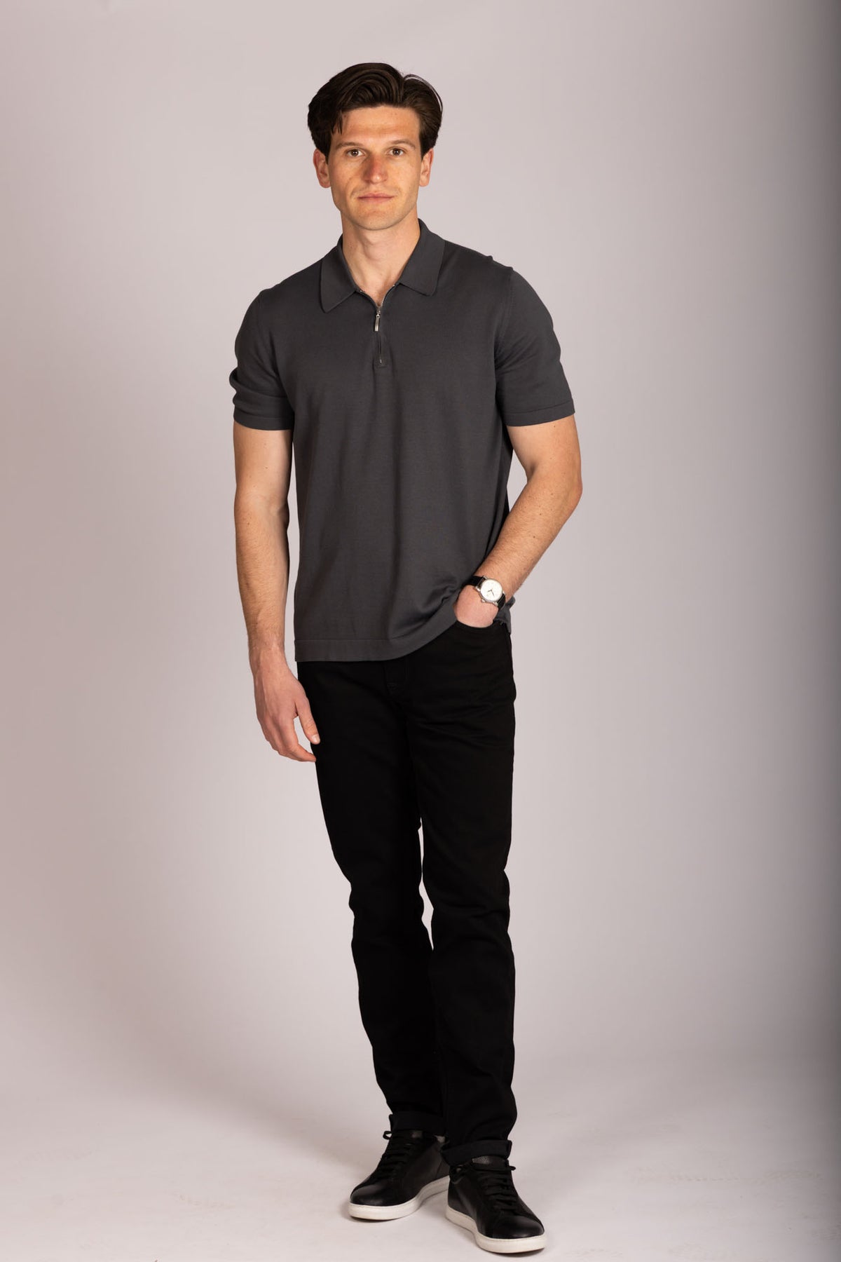 Charcoal zip knit polo – Featherstone London men’s polo shirts - Full Body