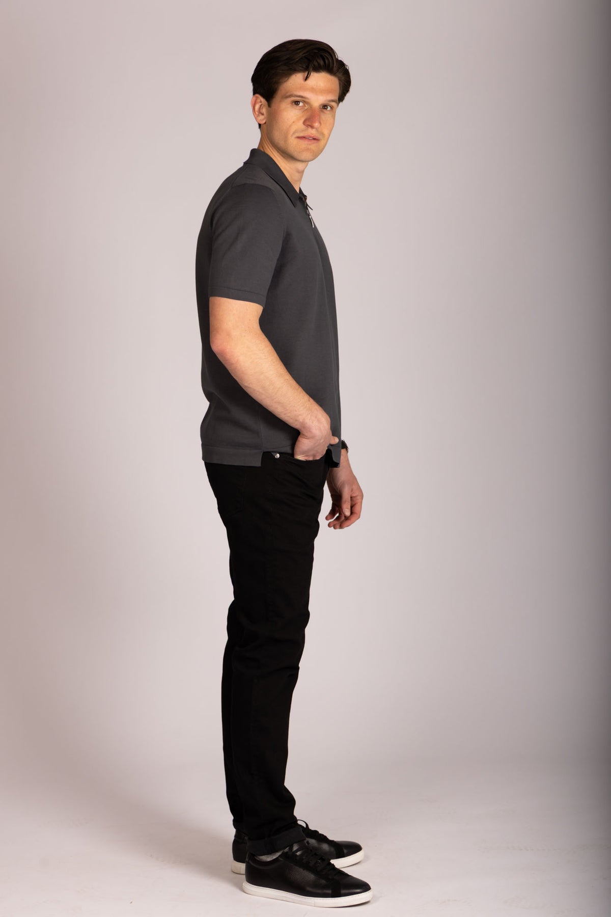 Charcoal zip knit polo – Featherstone London men’s polo shirts - Side View