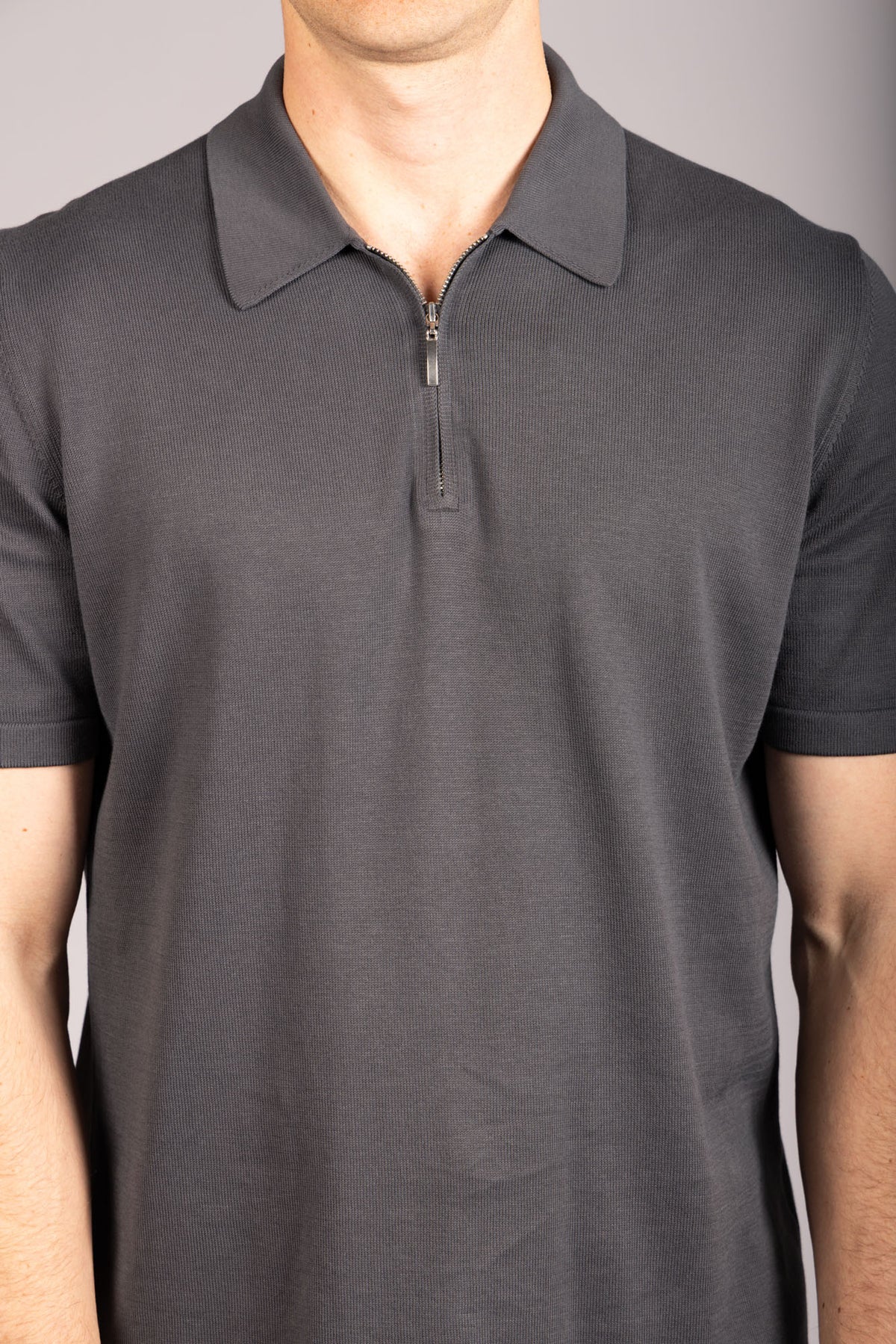 Charcoal zip knit polo – Featherstone London men’s polo shirts - Close Up