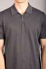 Charcoal zip knit polo – Featherstone London men’s polo shirts - Close Up
