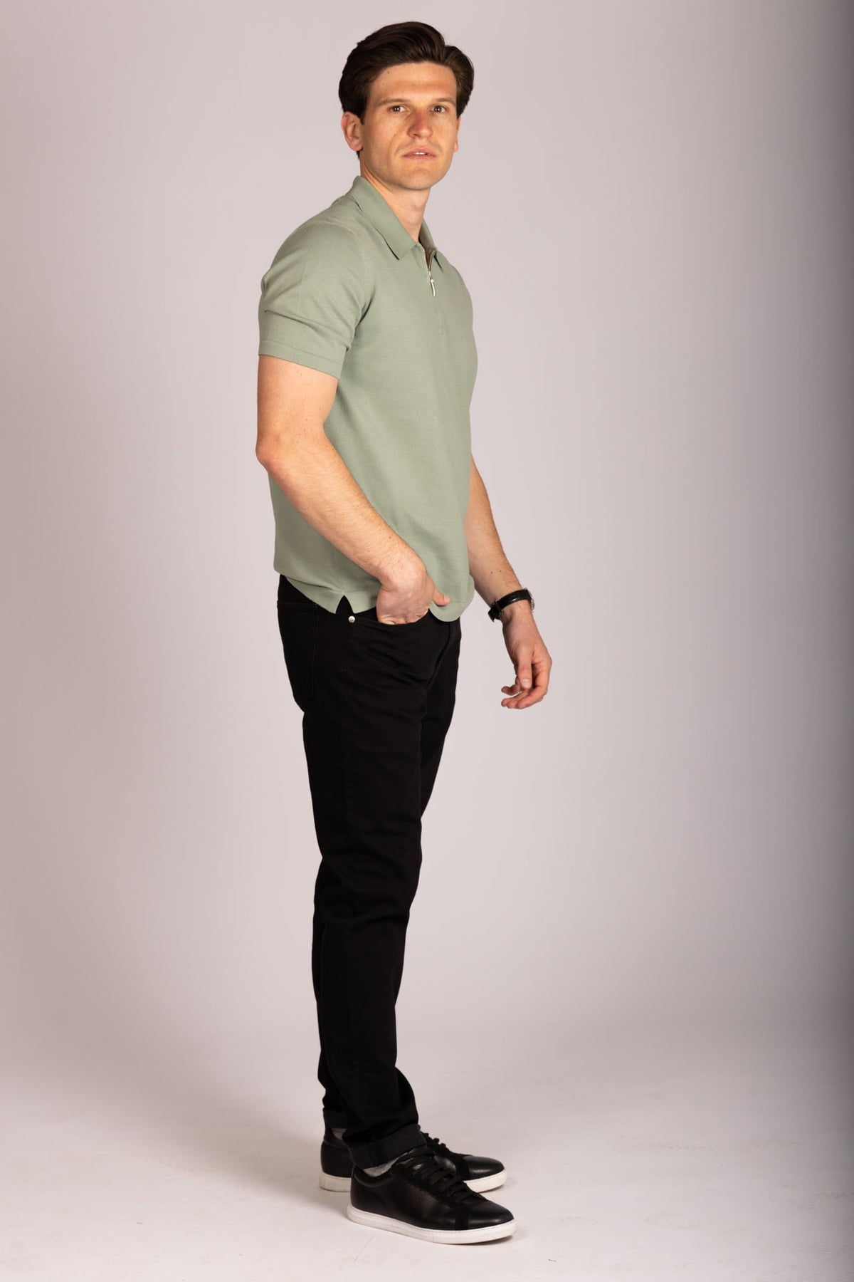 Sage green zip knit polo – Featherstone London men’s polo shirts - Side View
