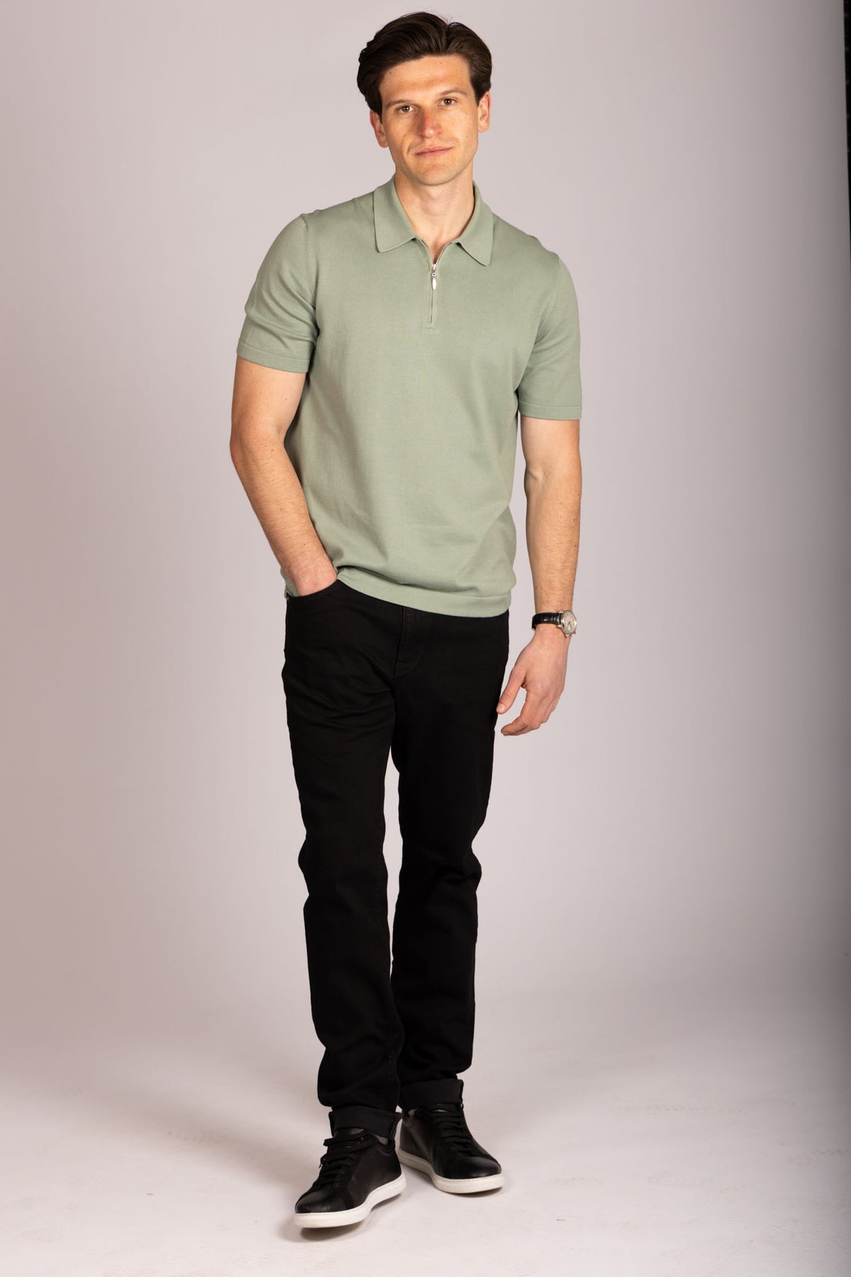 Sage green zip knit polo – Featherstone London men’s polo shirts - Full Body