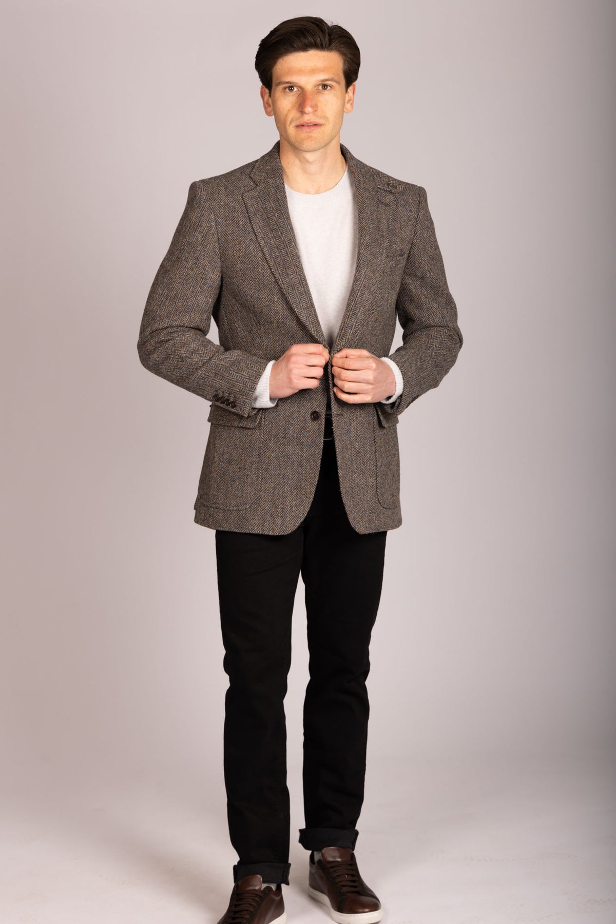 Featherstone London brown Harris Tweed herringbone blazer - full body