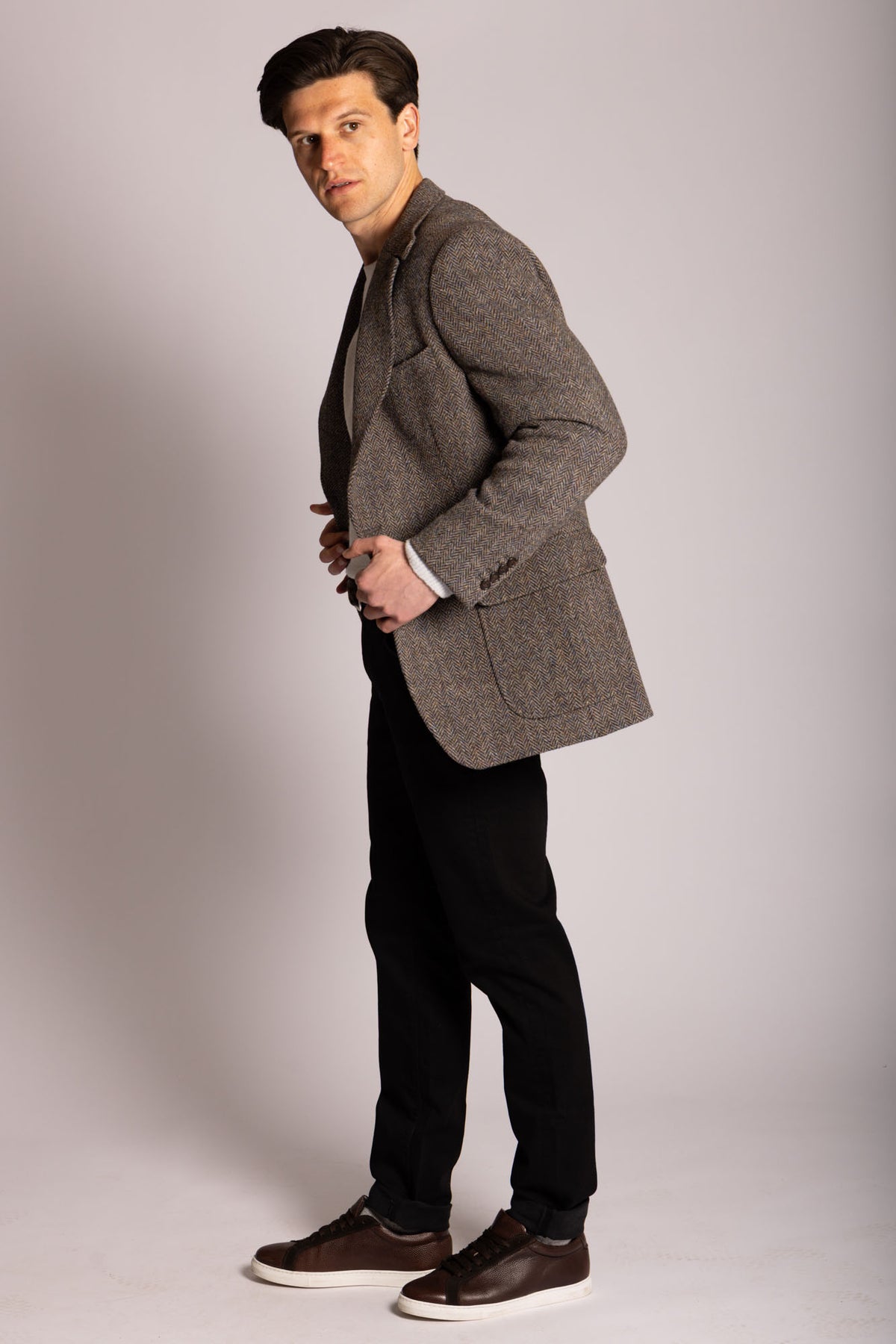 Featherstone London brown Harris Tweed herringbone blazer - side