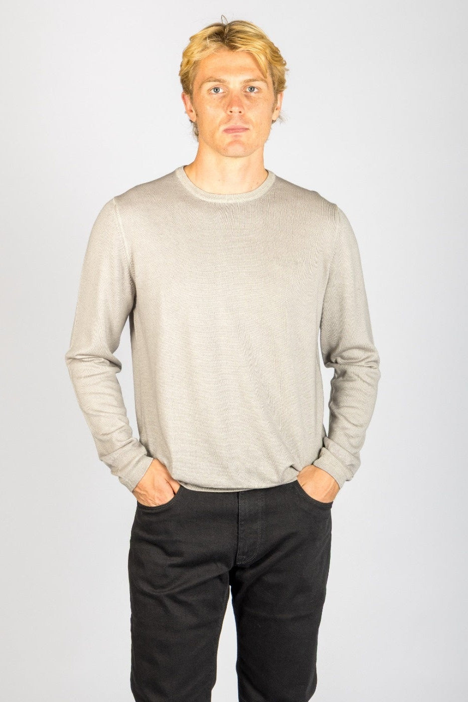 Front view of Featherstone London ash beige wool long sleeve jumper with embroidered logo