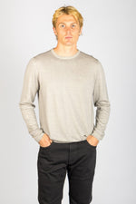 Front view of Featherstone London ash beige wool long sleeve jumper with embroidered logo