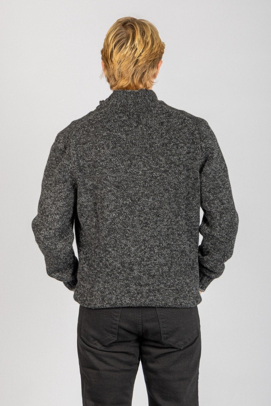 Back view of charcoal marl wool button neck jumper with ribbed hem