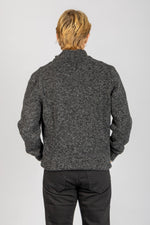 Back view of charcoal marl wool button neck jumper with ribbed hem