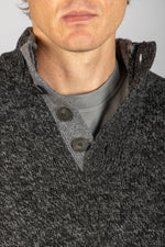 Close-up of button placket and marl knit texture on charcoal jumper