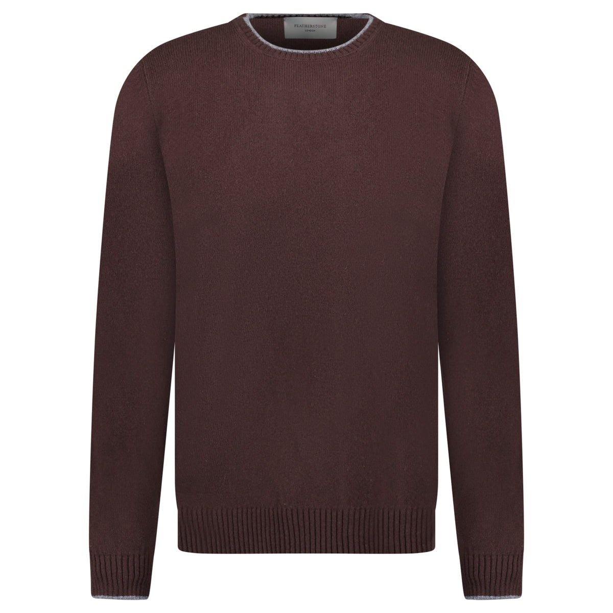 Brown Super Geelong Wool Crew Neck Jumper with Grey Trim