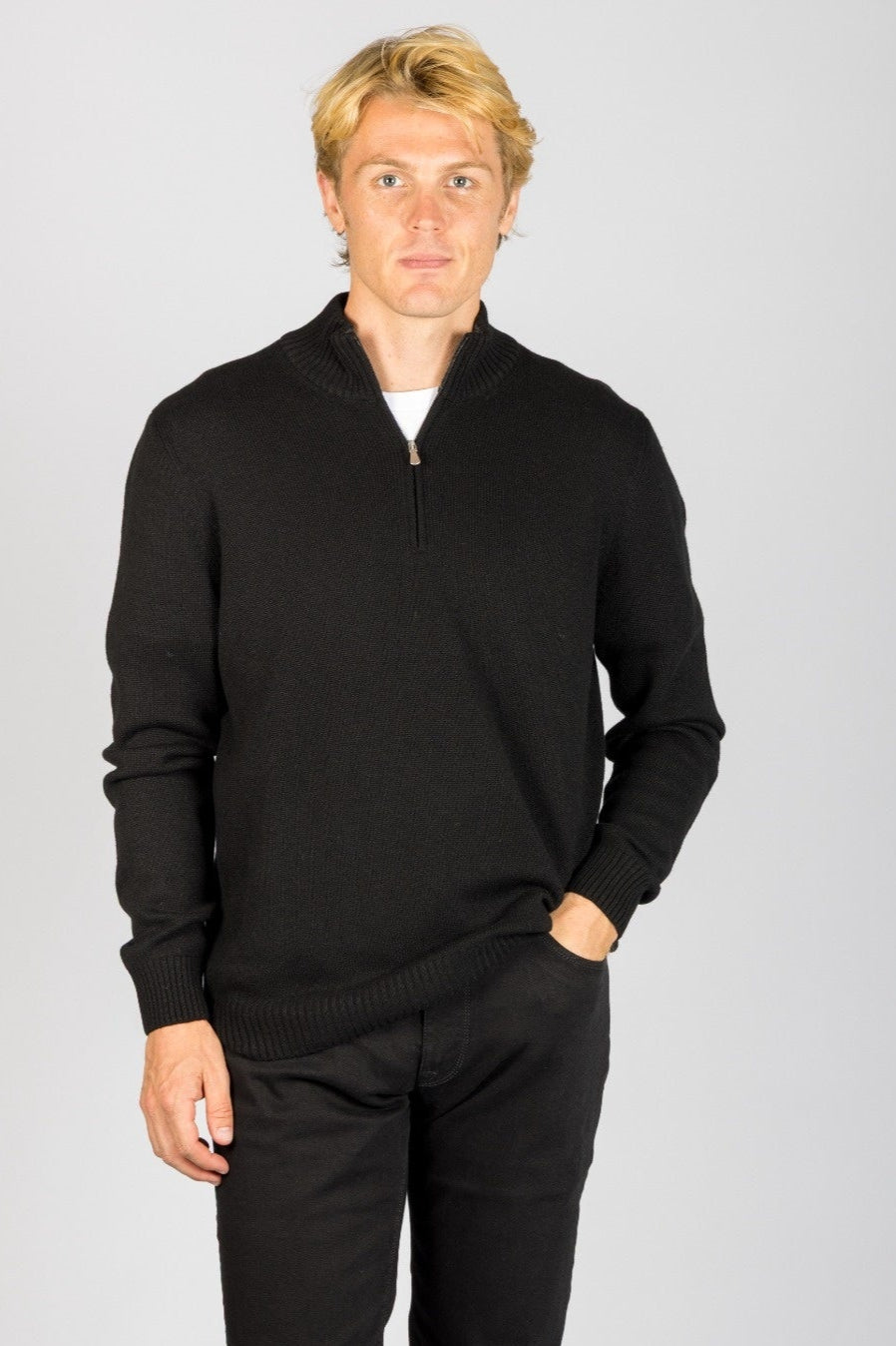 Front view of Featherstone London black wool-cashmere blend quarter zip jumper with embroidered logo