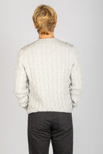 Back view of light grey wool-cashmere blend cable knit jumper with ribbed hem