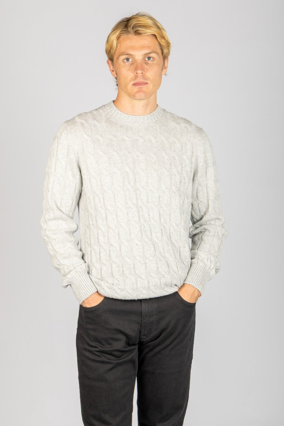 Front view of Featherstone London light grey wool-cashmere blend cable knit jumper