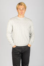 Front view of Featherstone London light grey wool-cashmere blend cable knit jumper