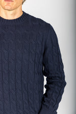 Close-up of cable knit texture on navy wool-cashmere jumper