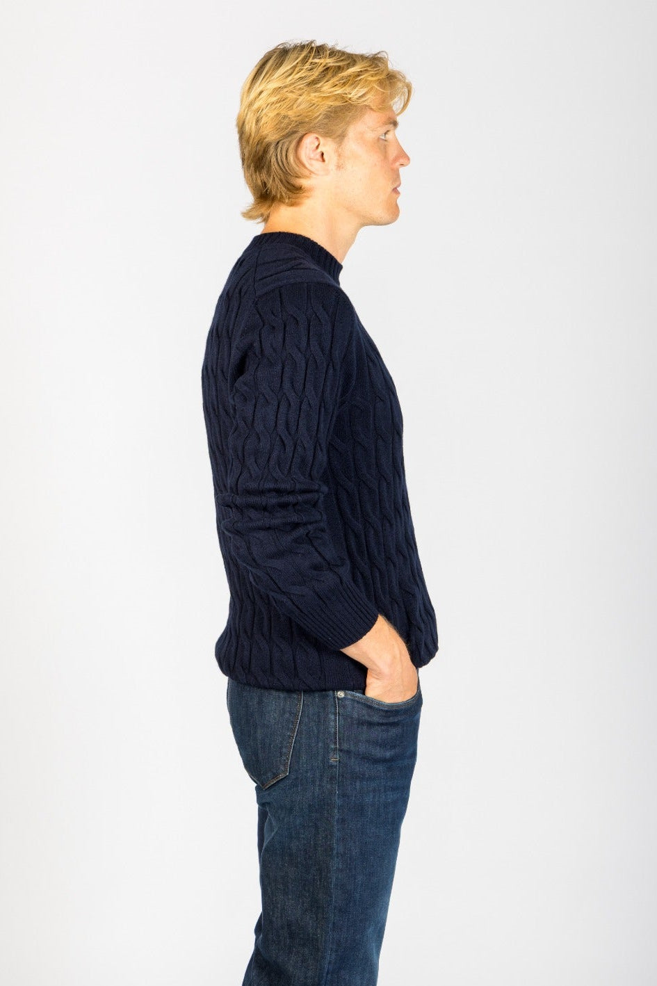 Side profile of navy cable knit wool-cashmere jumper