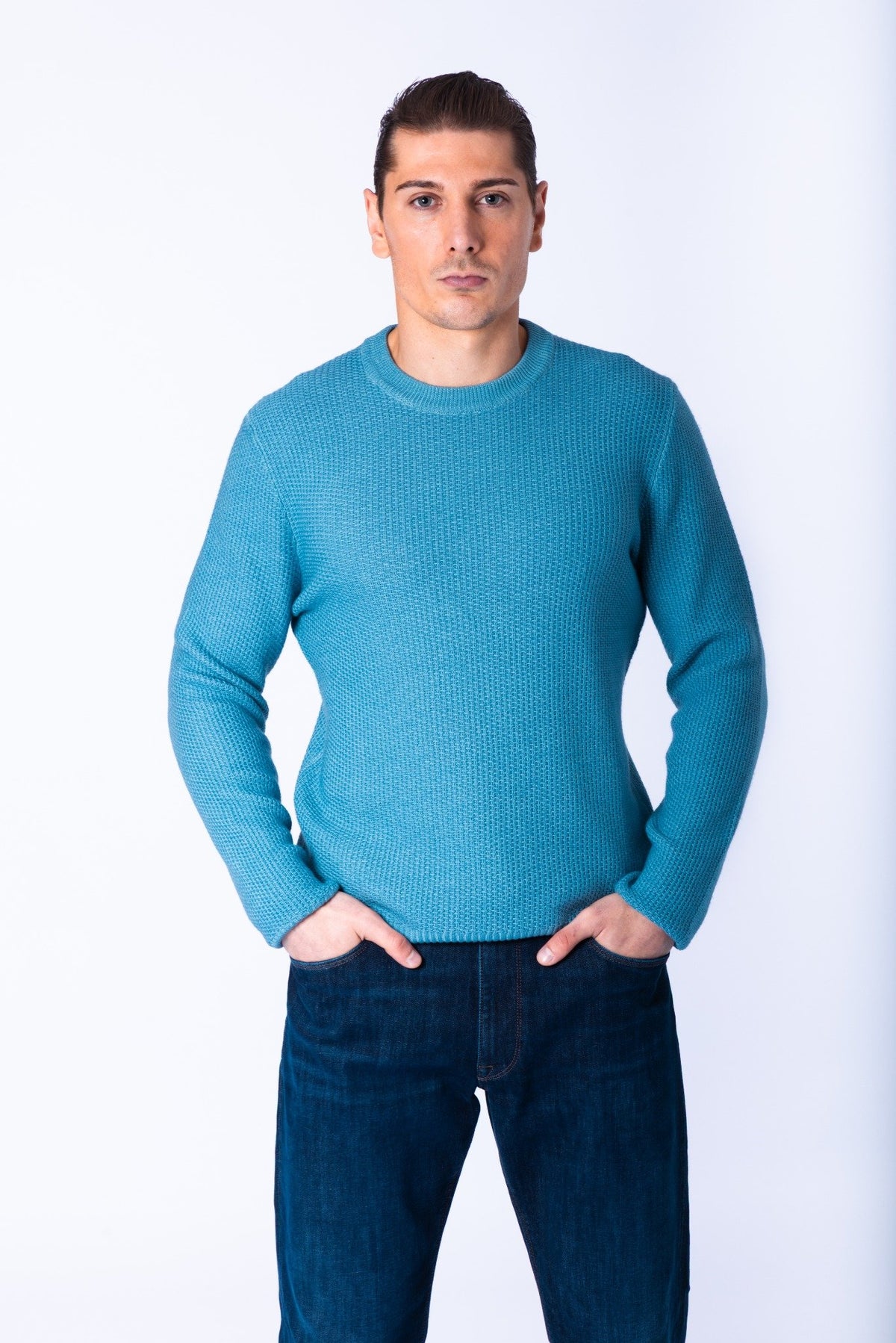 Sky Blue Textured Knit Crew Neck Jumper