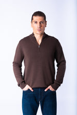 Brown Wool & Cashmere Quarter Zip Jumper with Embroidered Logo