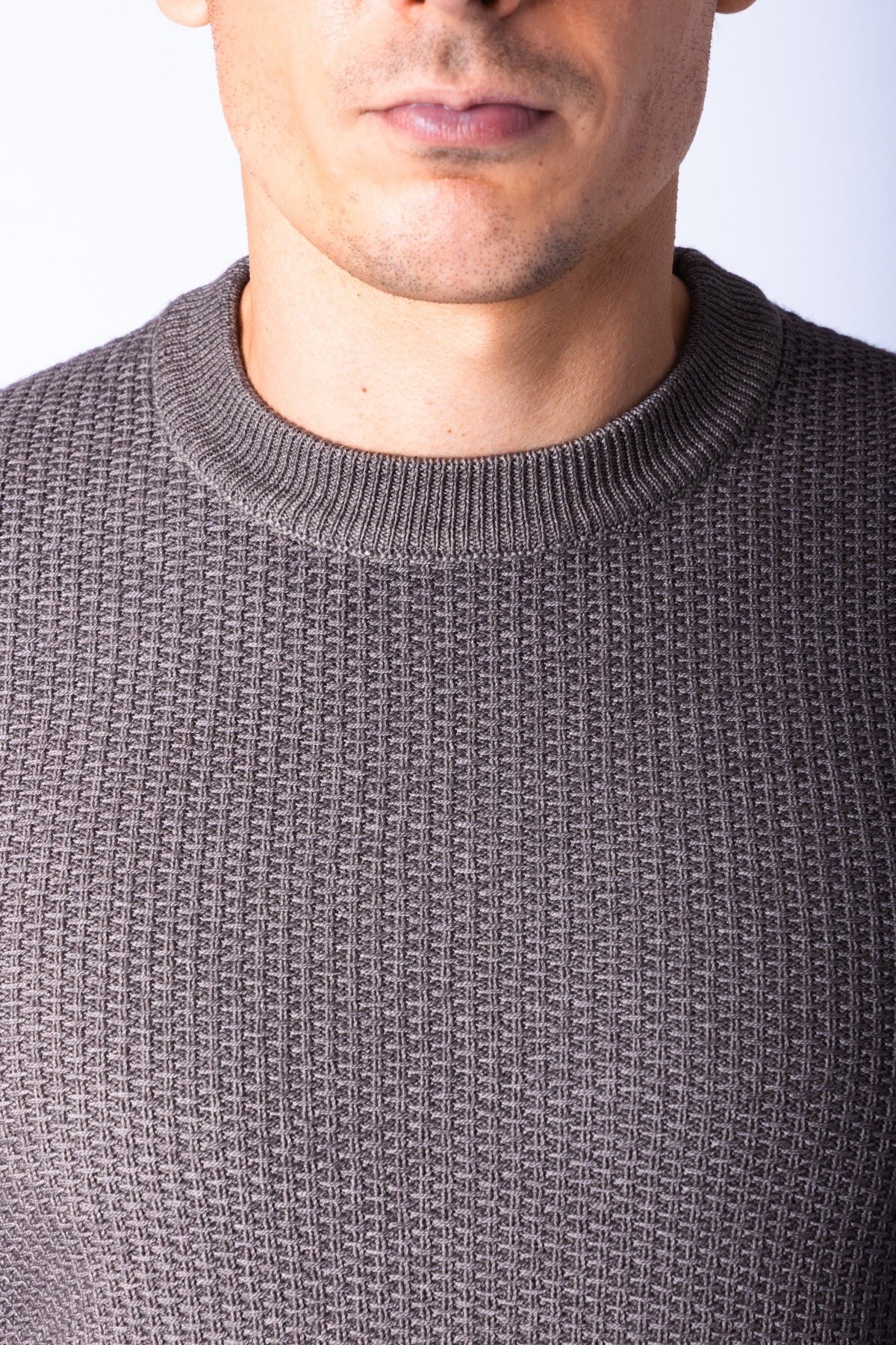 Taupe Textured Knit Crew Neck Jumper