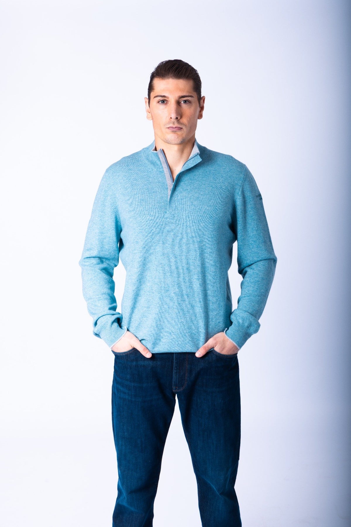 Sky Blue Wool & Cashmere Quarter Zip Jumper with Embroidered Logo