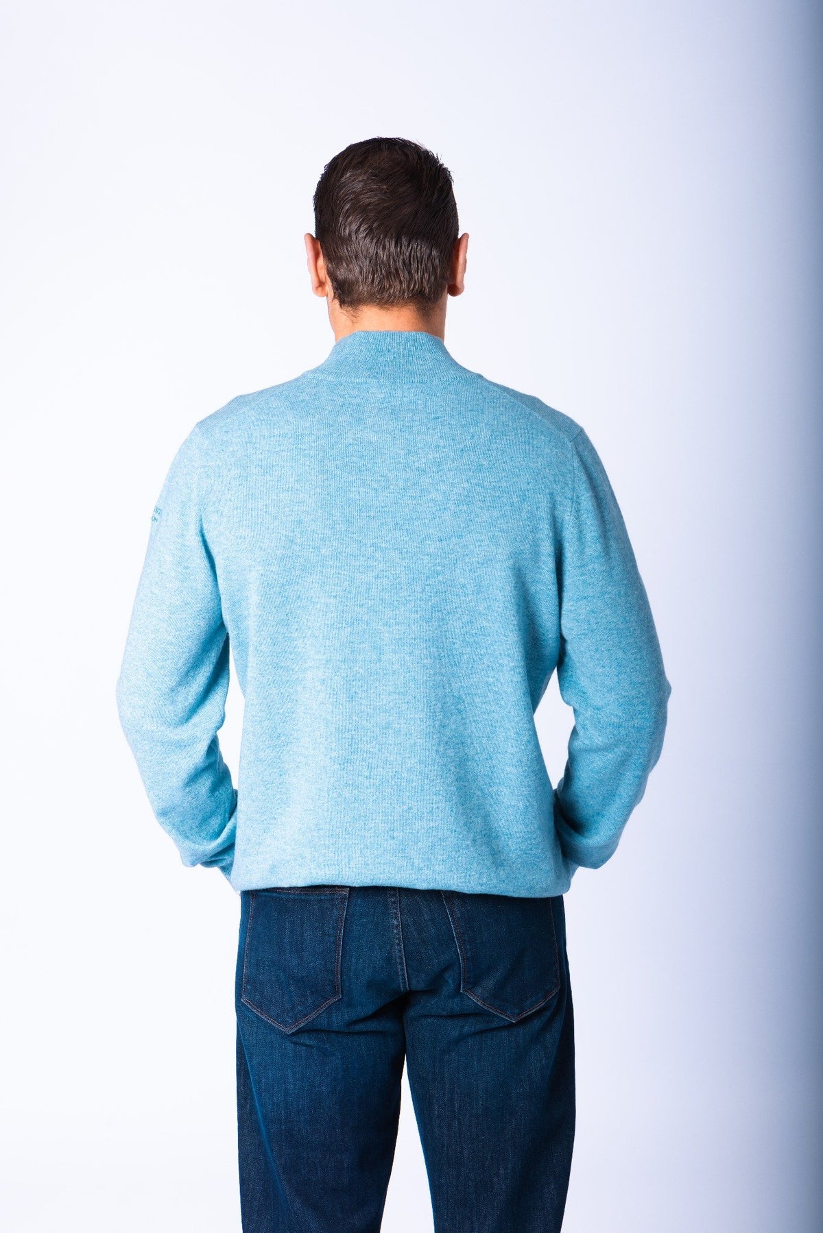 Sky Blue Wool & Cashmere Quarter Zip Jumper with Embroidered Logo