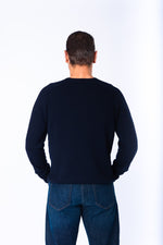 Navy Wool Ribbed Crew Neck Jumper with Embroidered Logo