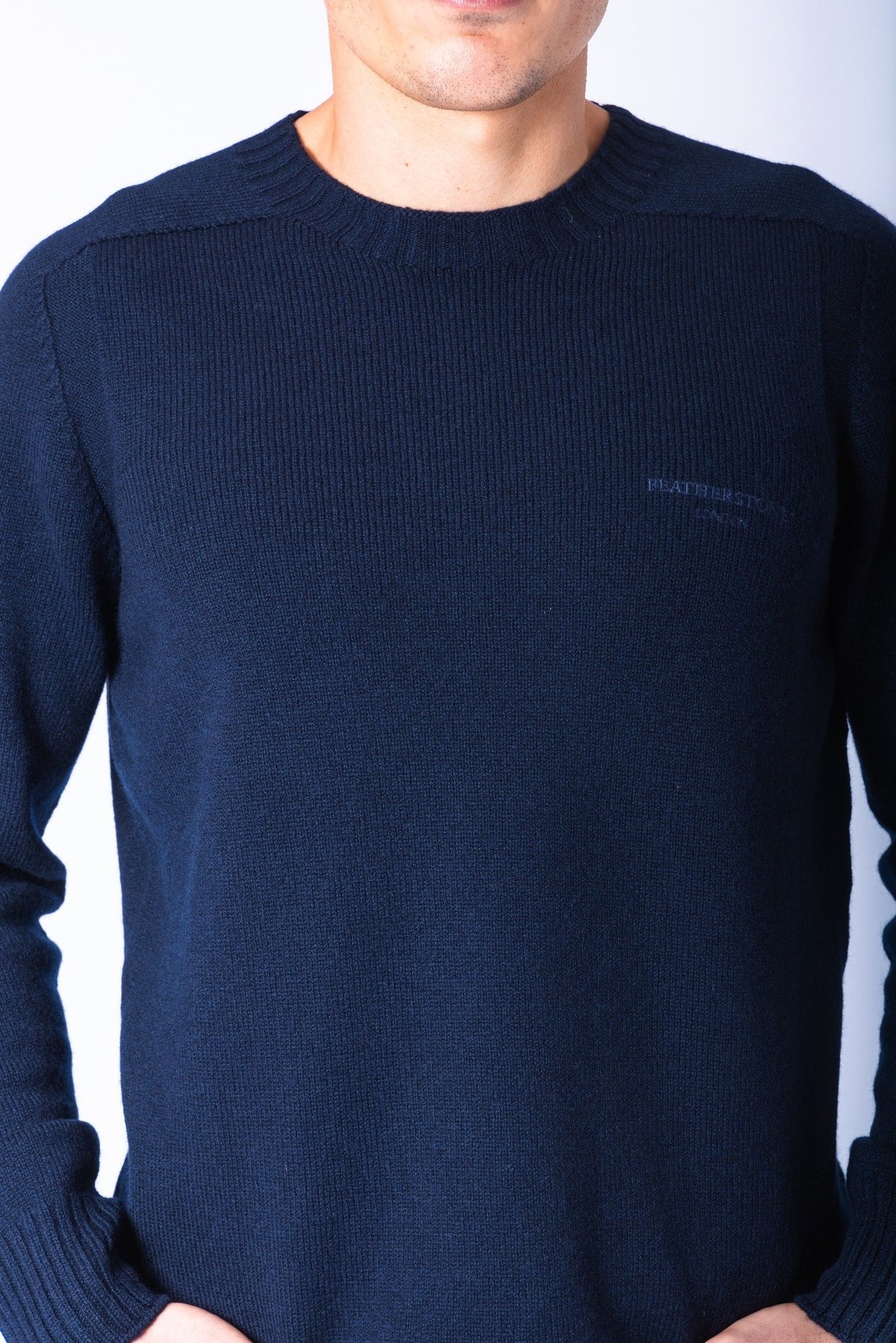 Navy Wool Ribbed Crew Neck Jumper with Embroidered Logo