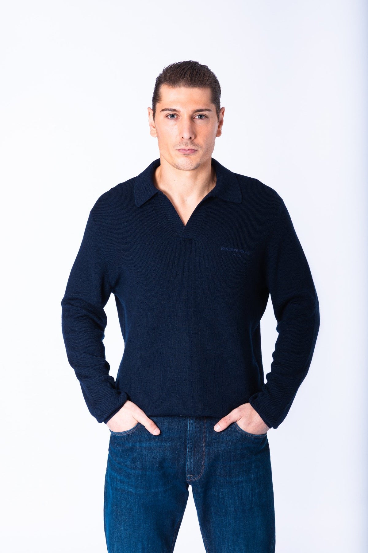 Navy Wool Knitted Polo with Embroidered Logo