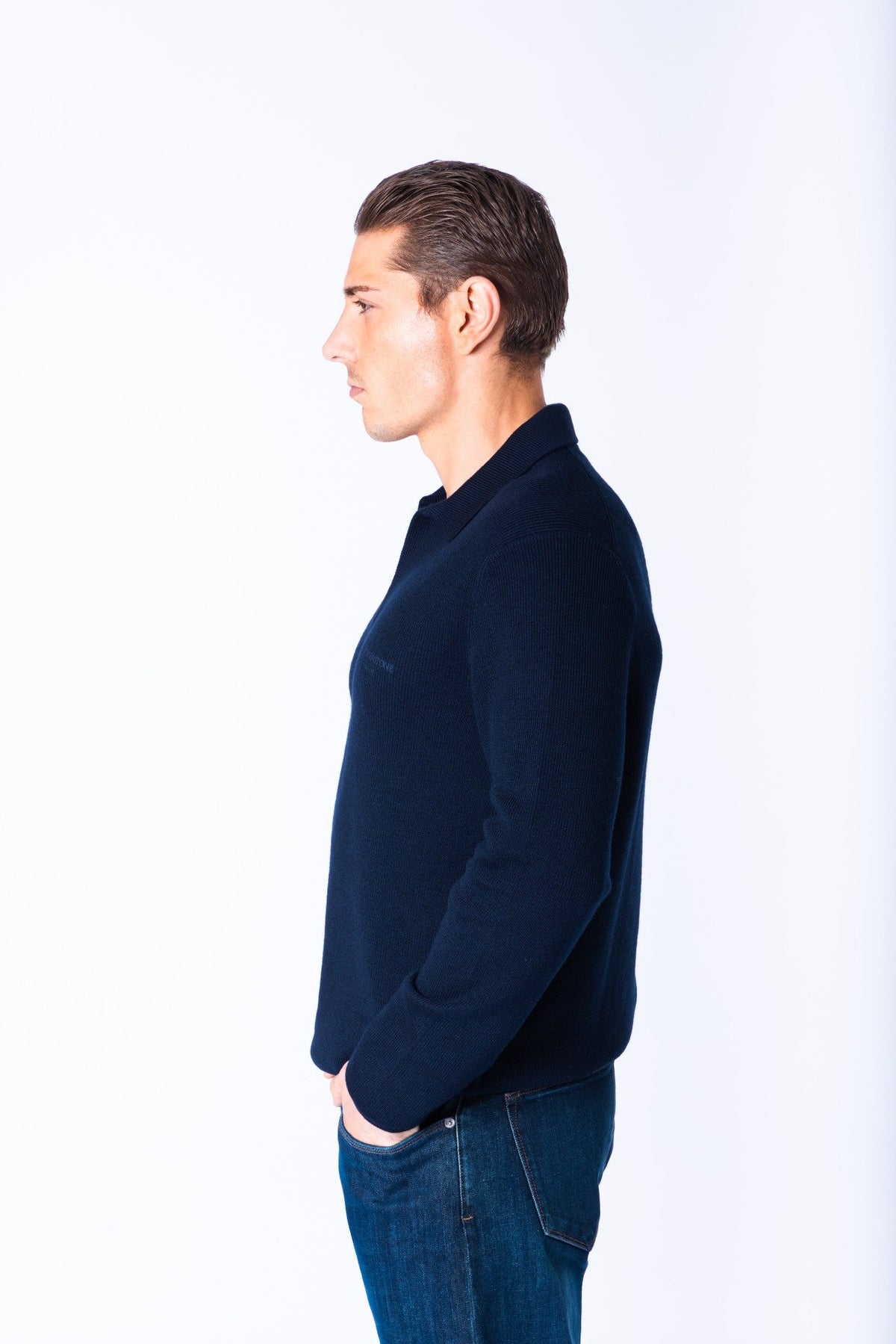 Navy Wool Knitted Polo with Embroidered Logo