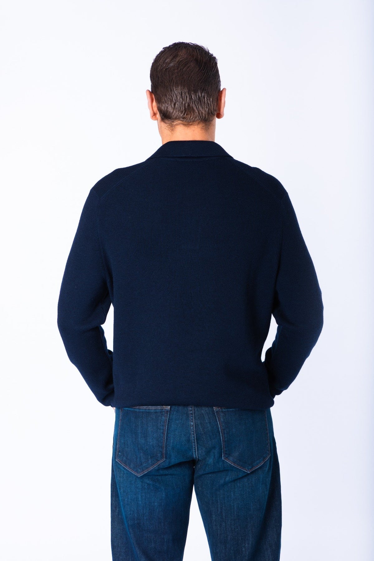 Navy Wool Knitted Polo with Embroidered Logo