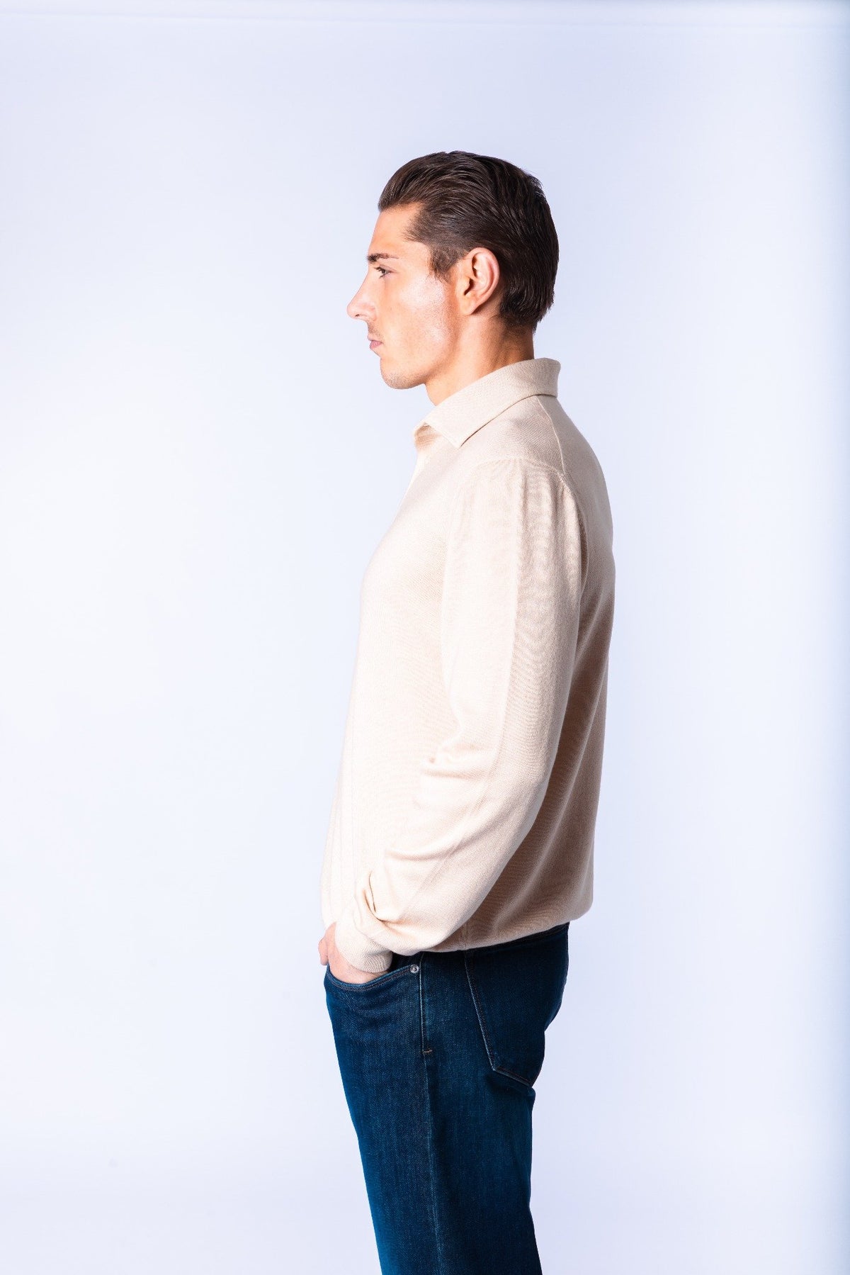 Sand Fine Knit Polo Jumper
