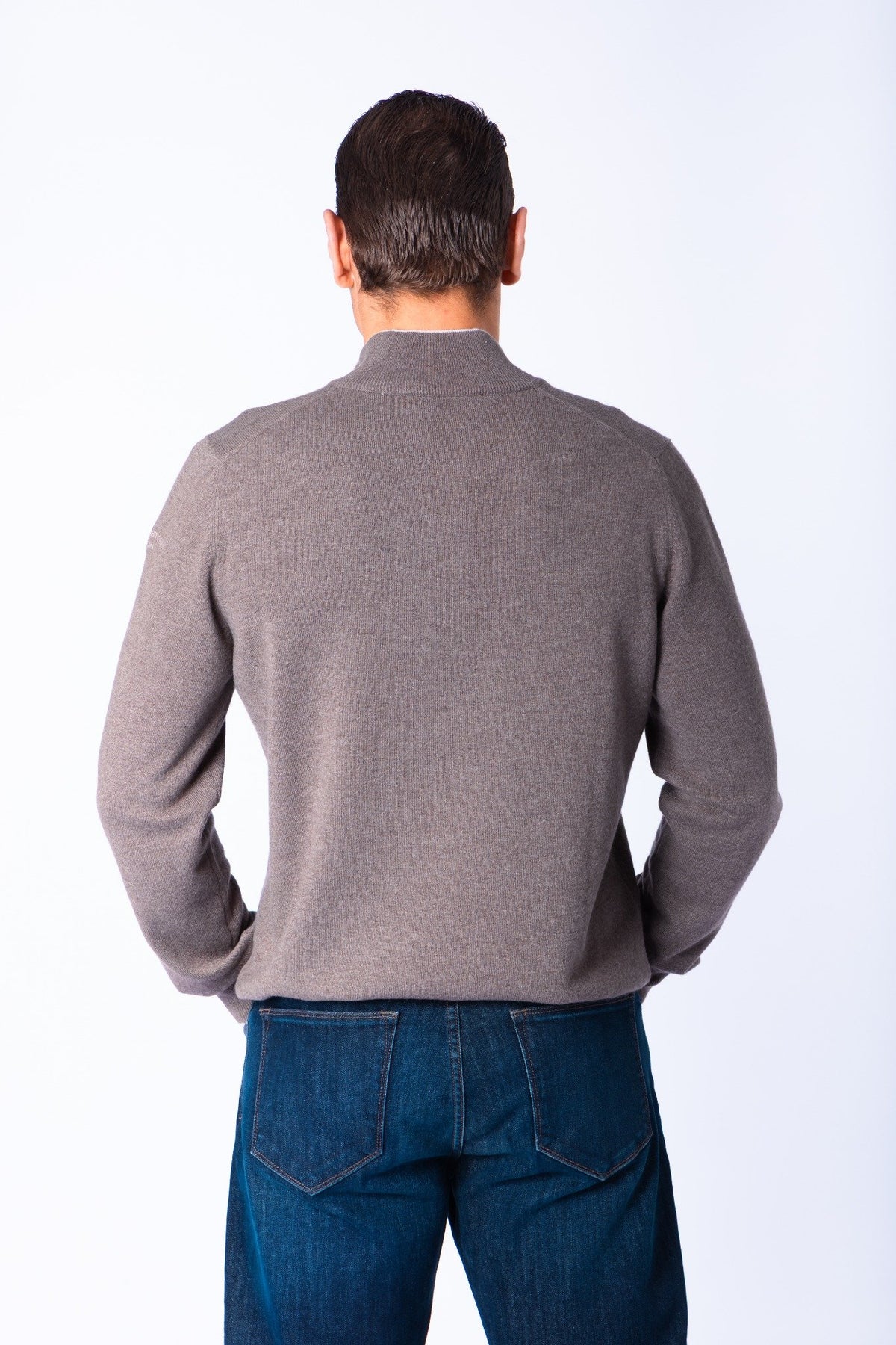 Taupe Wool & Cashmere Quarter Zip Jumper with Embroidered Logo