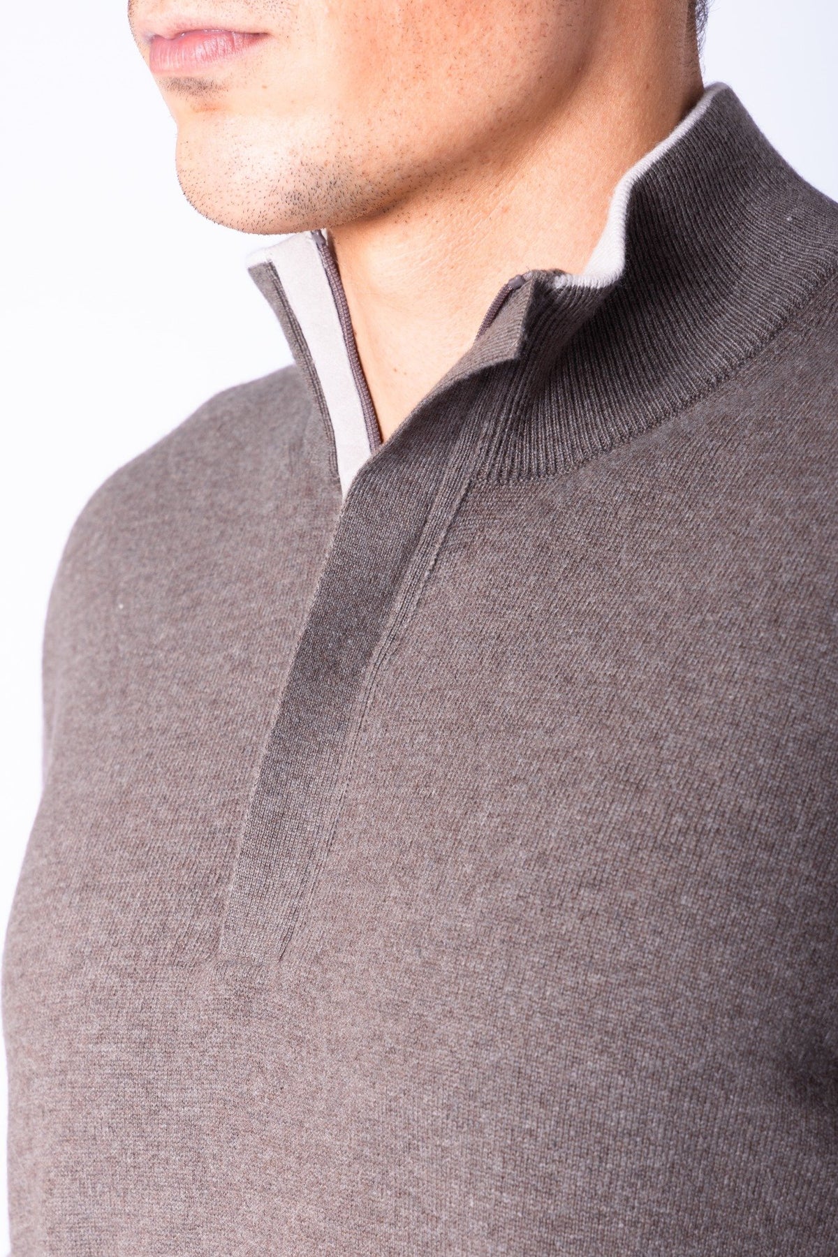 Taupe Wool & Cashmere Quarter Zip Jumper with Embroidered Logo