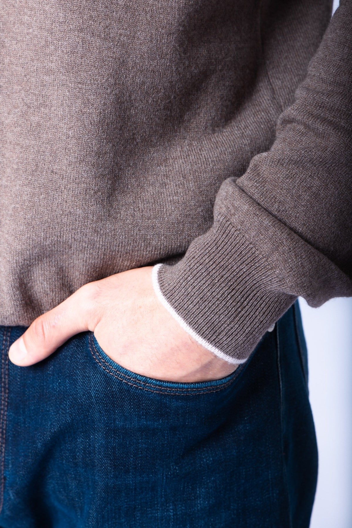 Taupe Wool & Cashmere Quarter Zip Jumper with Embroidered Logo