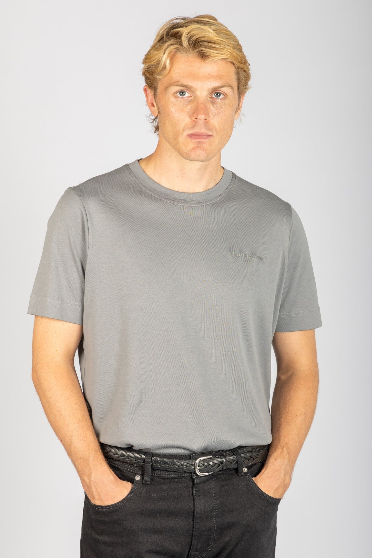 Front view of Featherstone London stone grey cotton T-shirt with embroidered logo