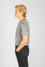 Side view of stone grey cotton T-shirt with embroidered logo