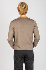 Back view of taupe wool long sleeve jumper with ribbed hem