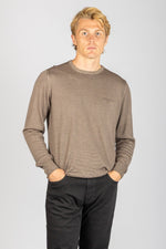 Front view of Featherstone London taupe wool long sleeve jumper with embroidered logo