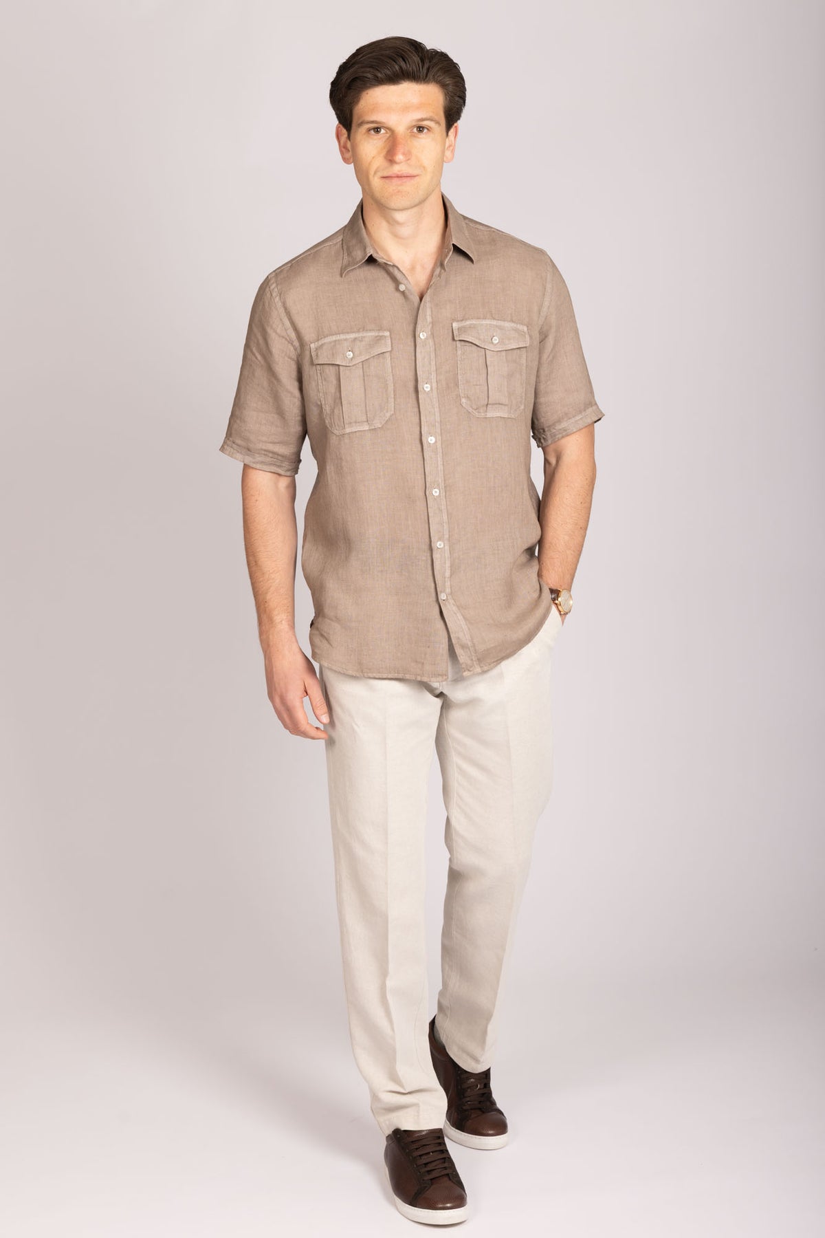 Featherstone London brown linen short sleeve shirt - full body