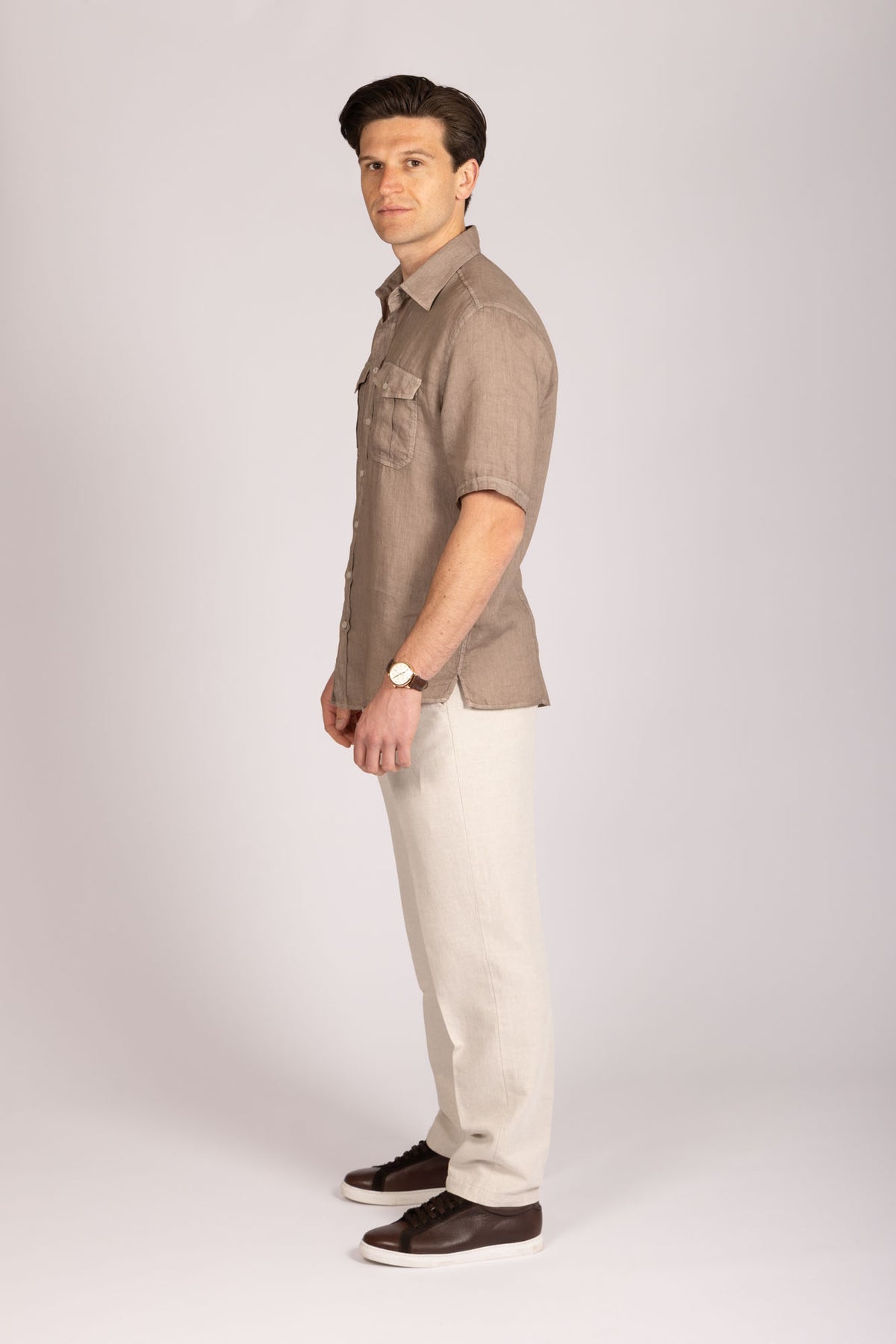 Featherstone London brown linen short sleeve shirt - side view
