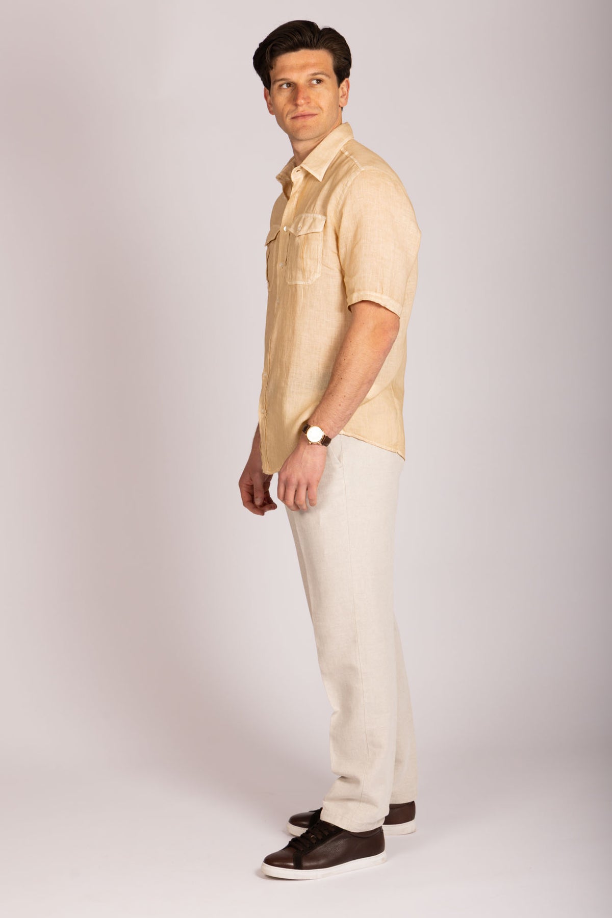 Featherstone London beige linen short sleeve shirt - side view